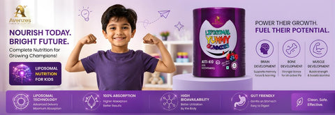 Avenzes Axti-Kid Liposomal Kids Multivitamin Gummies with advanced liposomal technology to support brain development, bone strength, muscle growth, and daily nutrition.