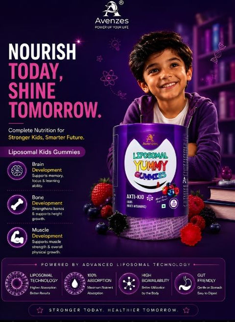 Avenzes Axti-Kid Liposomal Kids Multivitamin Gummies for healthy growth, brain development, stronger bones, muscle support, and advanced liposomal nutrient absorption.