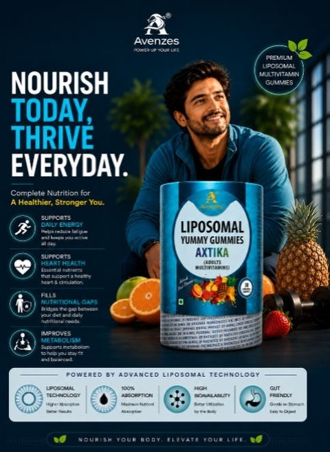 Avenzes Axtika Liposomal Adult Multivitamin Gummies for daily energy, heart health, metabolism, and advanced liposomal nutrient absorption to support complete wellness.