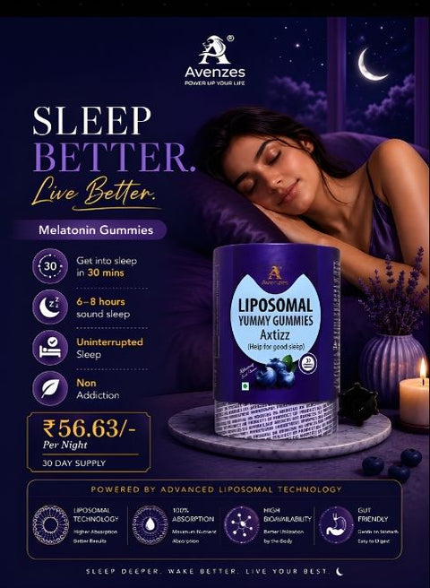 Avenzes Axtizz Liposomal Melatonin Gummies for better sleep, faster sleep onset, uninterrupted rest, and advanced liposomal absorption technology.