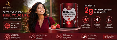 Avenzes Ayah Liposomal Iron Gummies with advanced liposomal technology to support healthy hemoglobin levels, boost energy, reduce fatigue, and improve iron absorption.