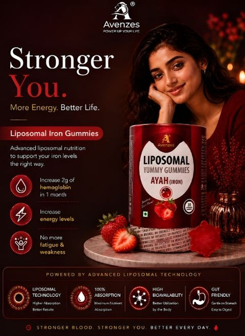 Avenzes Ayah Liposomal Iron Gummies formulated to support healthy iron levels, increase hemoglobin, boost energy, and reduce fatigue with advanced liposomal absorption.