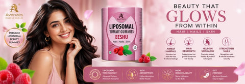 Avenzes Eeshu Liposomal Hair Skin Nails Gummies for stronger hair, radiant skin, healthier nails, and advanced liposomal absorption technology.