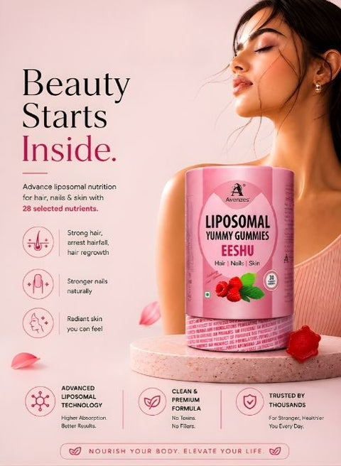 Avenzes Eeshu Liposomal Hair Skin Nails Gummies with advanced liposomal technology to support stronger hair, radiant skin, healthier nails, and daily beauty nutrition.