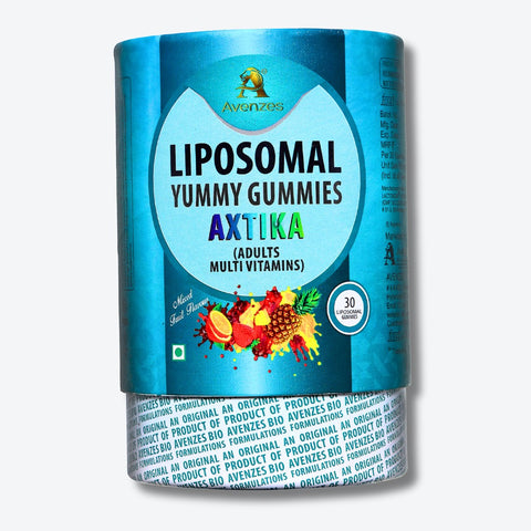 Avenzes Liposomal Yummy Gummies Axtika for adults, mixed fruit flavour, 30 count bottle with multi-vitamins.