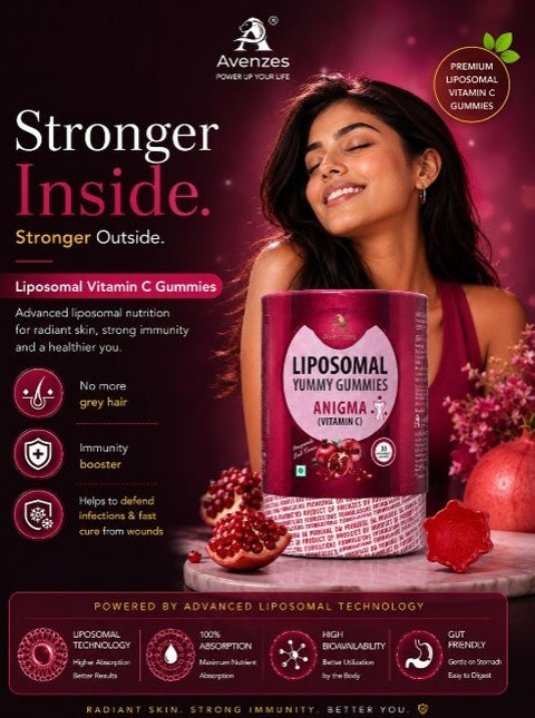 Avenzes Liposomal Vitamin C Gummies horizontal banner displaying the product container alongside a smiling woman, pomegranates, and product highlights including 100% absorption and gut friendliness