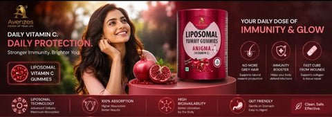 Avenzes Liposomal Vitamin C Gummies product poster featuring a smiling woman, fresh pomegranates, and key health benefits like immunity booster and skin radiance.