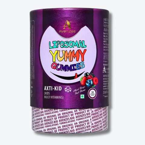 Avenzes Liposomal Yummy Gummies Axti-Kid multi-vitamins in mixed berry flavor for kids. The purple cylindrical packaging features colorful text and images of berries.
