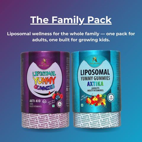 Avenzes Liposomal Yummy Gummies Family Pack with kids' mixed berry and adults' mixed fruit multi-vitamin gummies.