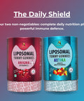 Avenzes Liposomal Yummy Gummies in Anigma (Vitamin C) and Axtika (Adult Multi Vitamins) flavors. Red and blue canisters display fruit imagery and nutritional information.