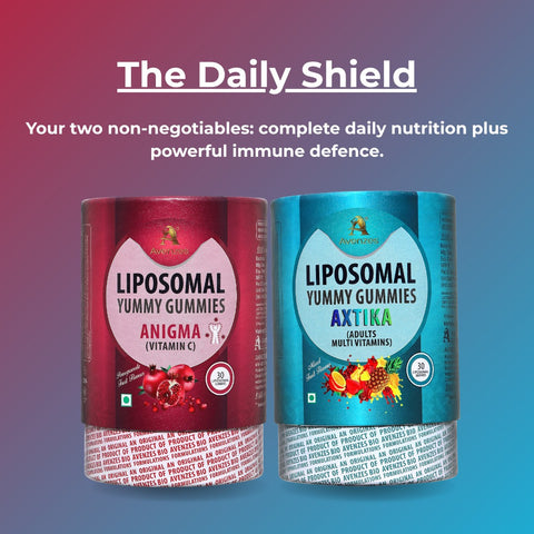 Avenzes Liposomal Yummy Gummies in Anigma (Vitamin C) and Axtika (Adult Multi Vitamins) flavors. Red and blue canisters display fruit imagery and nutritional information.
