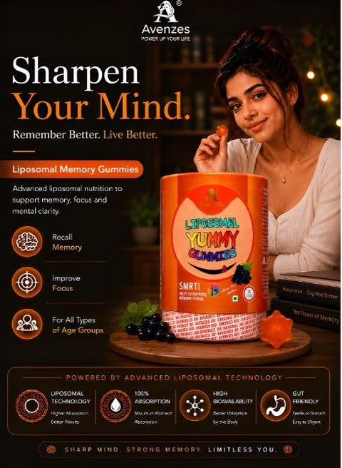 Avenzes Smrti Liposomal Memory Gummies for enhanced memory, better focus, cognitive support, and advanced liposomal nutrient absorption.