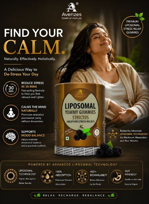 Avenzes Strictus Liposomal Stress Relief Gummies with advanced liposomal technology for fast absorption, stress relief, better sleep, and emotional balance.