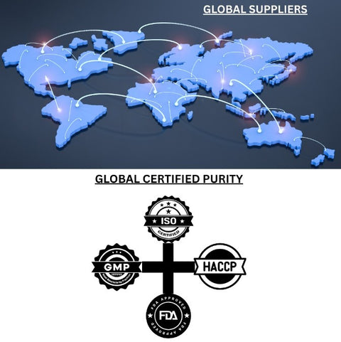 Infographic showing a blue world map with interconnected supply lines labeled Global Suppliers above quality certification badges for ISO, GMP, HACCP, and FDA labeled Global Certified Purity.
