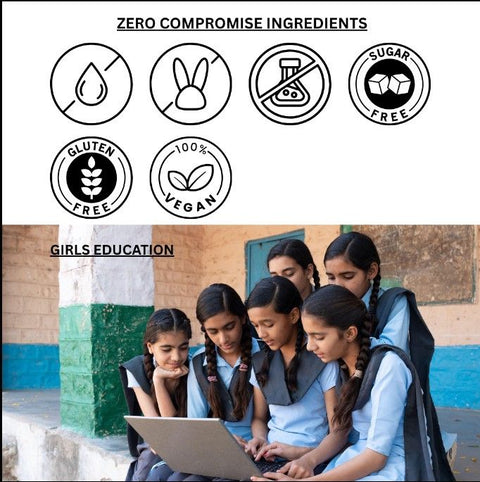 Infographic displaying zero compromise ingredients badges like sugar free, gluten free, and 100% vegan above a photo of Indian schoolgirls studying together on a laptop.